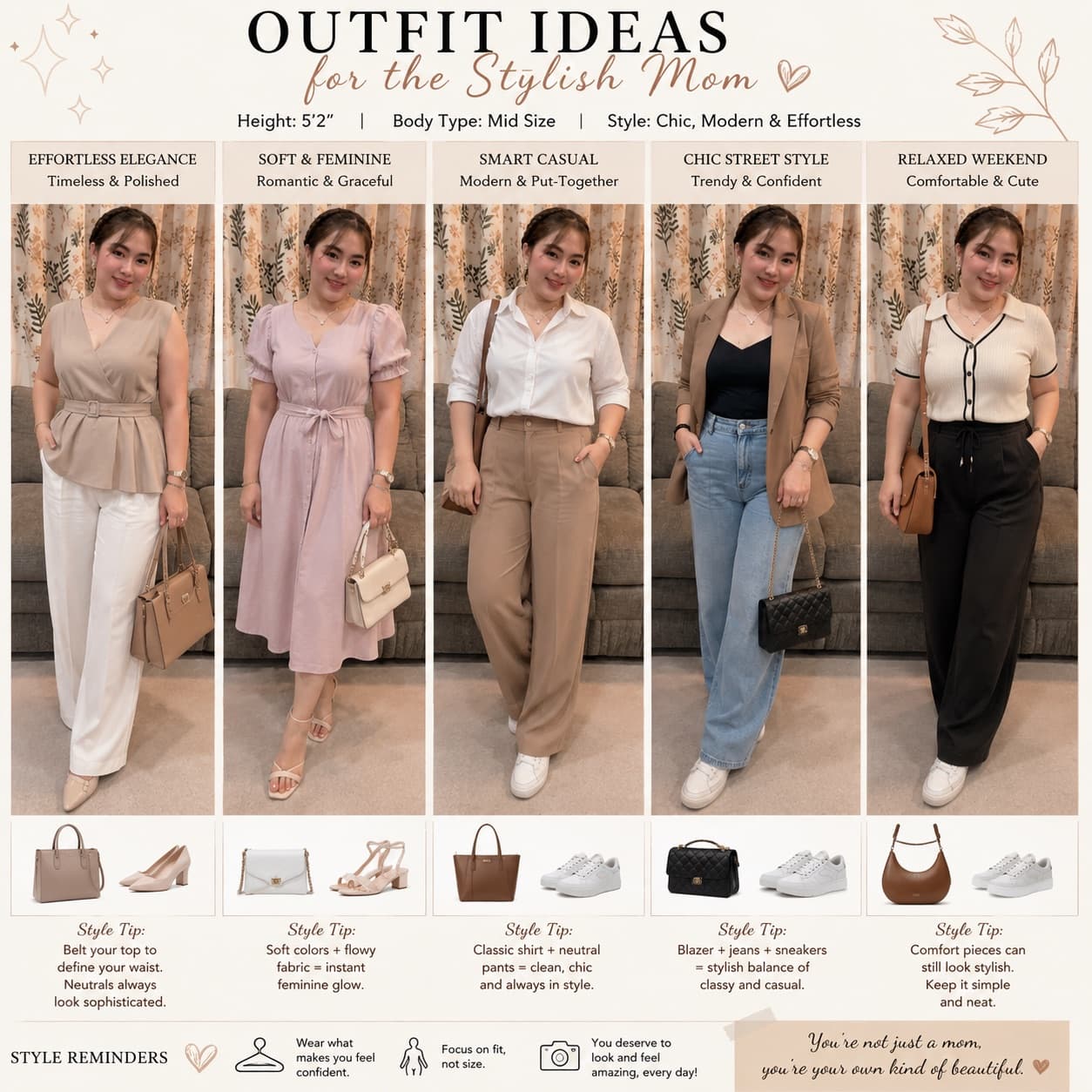 β¨ Mid-size mom, 5β2β, but make it chic & confident! π Which look is your favorite? ππ #MomStyle #MidSizeFashion #OOTD #PetiteFashion #OutfitInspo