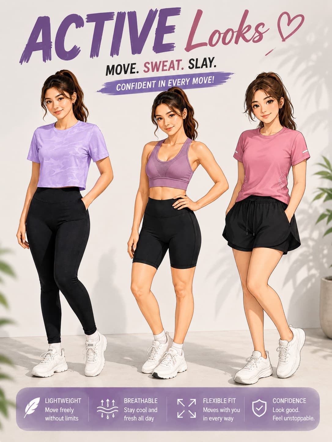 🔥 MOVE IN STYLE, SLAY EVERY DAY! 💜✨ Lightweight, breathable & stretchy activewear 💜 Perfect for workouts, walking, errands or daily wear. Stay comfy, fresh and stylish all day! ✨