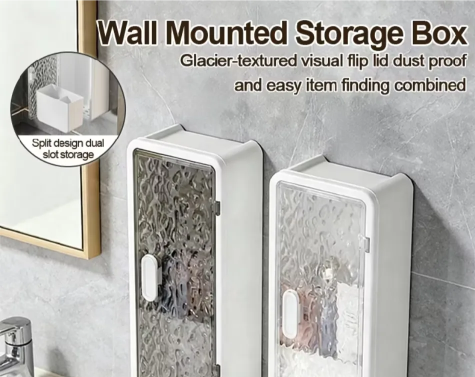 Keep your bathroom neat and organized! π Waterproof wall-mounted storage box with transparent cover. Perfect for cosmetics, toiletries, skincare, and other essentials. Save space and keep everything dust-free! π π