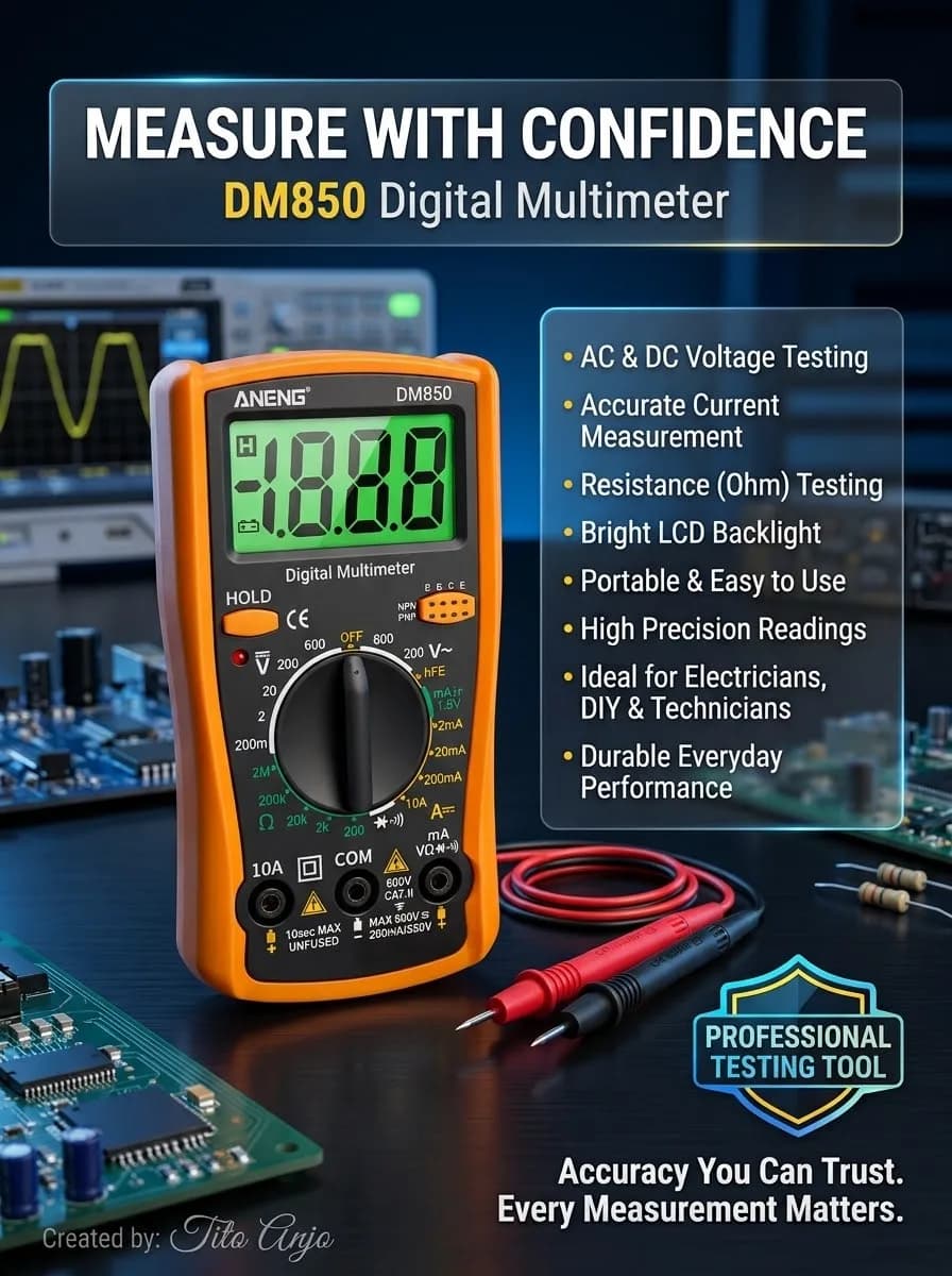 🔧 Take the guesswork out of electrical testing with the XL830L Digital Multimeter. Whether you're a professional electrician, electronics technician, or DIY enthusiast, the XL830L delivers accurate and reliable measurements for voltage, current, and resistance. Its portable design, easy-to-read LCD display with backlight, and user-friendly controls make it an essential tool for home, workshop, and field use. ✔ Measures AC & DC Voltage ✔ Current & Resistance Testing ✔ Bright LCD Backlight ✔ Compact & Portable ✔ Easy-to-Use Rotary Selector ✔ Ideal for Home, Automotive & Electronics Repair Upgrade your toolbox with a dependable digital multimeter that's built to help you troubleshoot electrical systems quickly, safely, and accurately. Save this pin for your next electronics or DIY project.