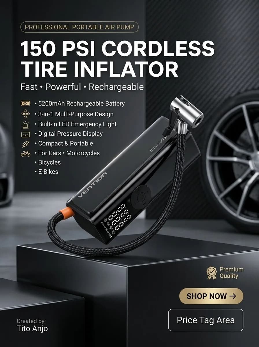 Vention 5200mAh Car Air Pump 3-in-1 Cordless Tire Inflator 150PSI high-pressure Portable with LED Light hand pump for Bike Motorcycle rode bike electric car