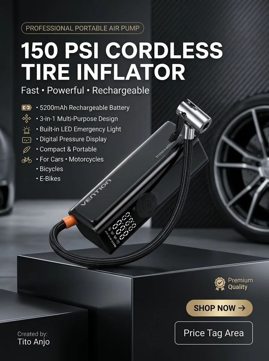 Vention 5200mAh Car Air Pump 3-in-1 Cordless Tire Inflator 150PSI high-pressure Portable with LED Light hand pump for Bike Motorcycle rode bike electric car