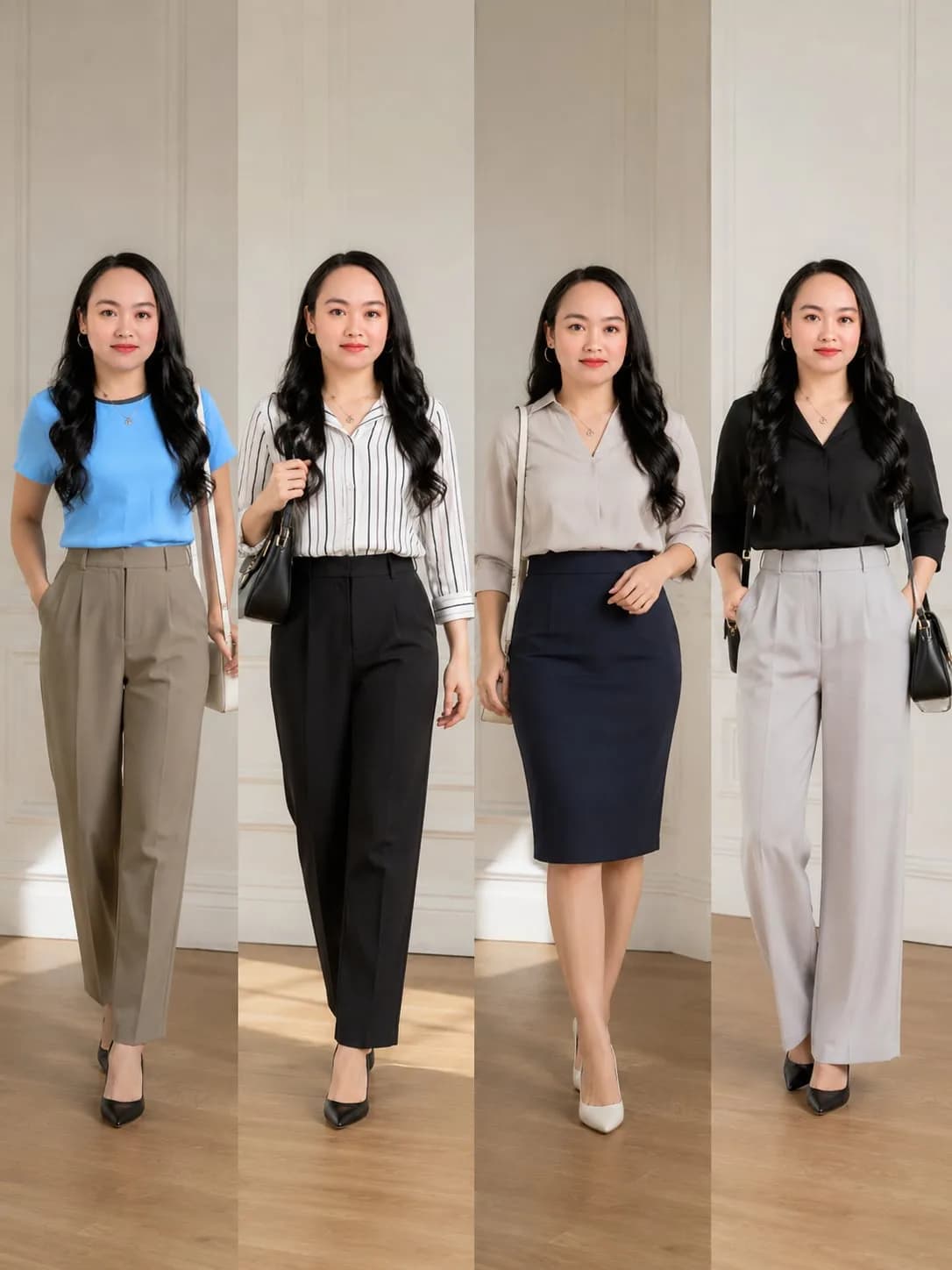 High waist + tucked-in top + monochromatic colors + pointed shoes = longer-looking legs. For your office outfits, I'd especially recommend high-waisted ankle-length straight trousers in black, charcoal gray, beige, or burgundy. Avoid very low-rise trousers, excessive fabric around the hips, and hems that bunch heavily at the ankles.
