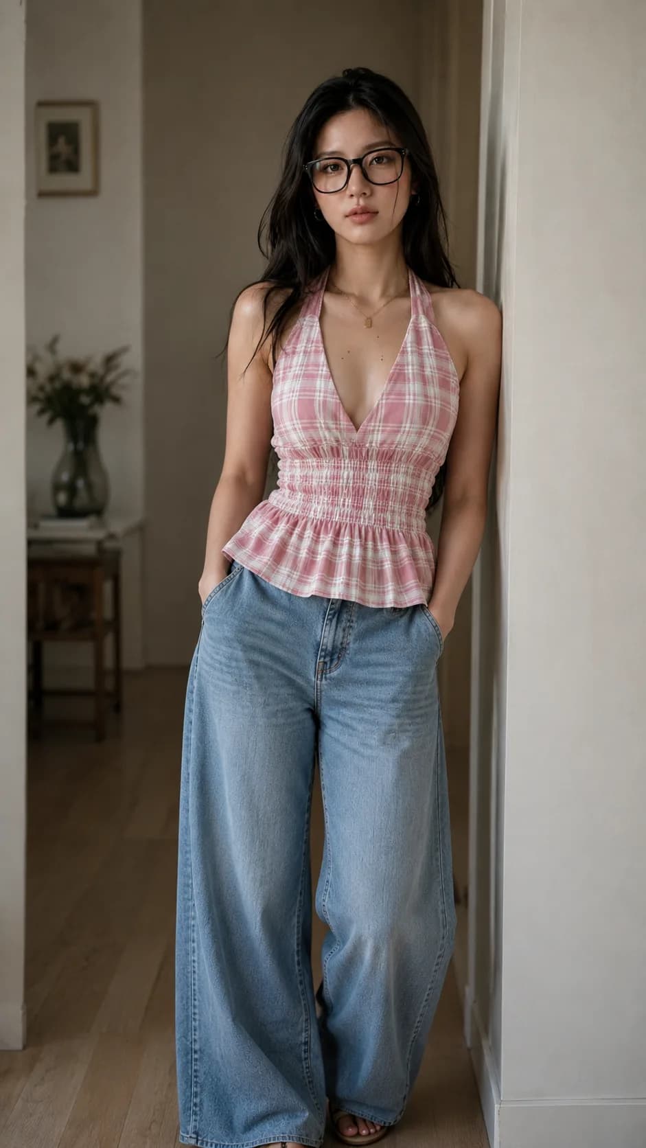 Halter top pair with high waisted jeans