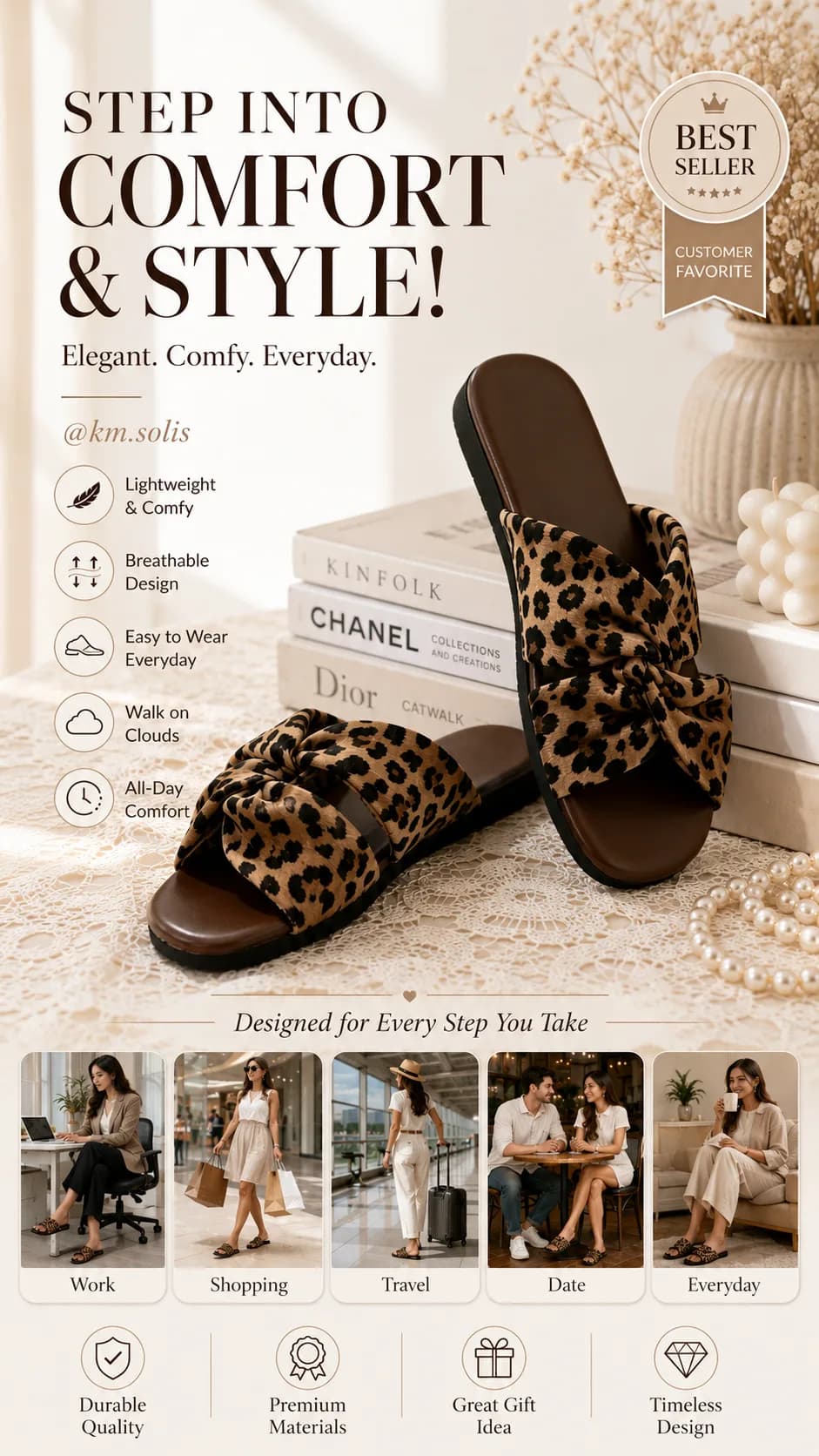 Corala Bailey Korean-style retro leopard-print women's slip-on flat slides.